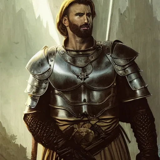 Image similar to half length portrait of chris evans as a martial cleric in plate armor, morningstar, d & d, medieval, fantasy, greg rutkowski, frank frazetta, alexandre chaudret, boris vallejo, michael whelan, miro petrov, hr giger