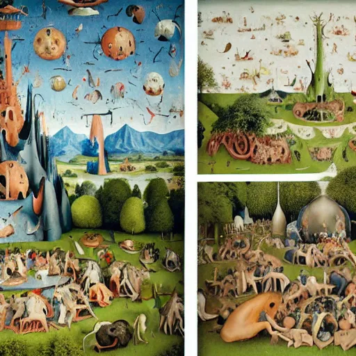 Image similar to a photorealistic details of a bosch garden of earthly delights taken by martin parr