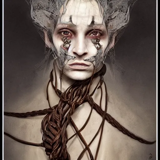 Image similar to portrait of a Shibari rope wrapped face and neck, headshot, insanely nice professional hair style, dramatic hair color, digital painting, of a old 15th century, old cyborg merchant, amber jewels, baroque, ornate clothing, scifi, realistic, hyperdetailed, chiaroscuro, concept art, art by Franz Hals and Jon Foster and Ayami Kojima and Amano and Karol Bak,