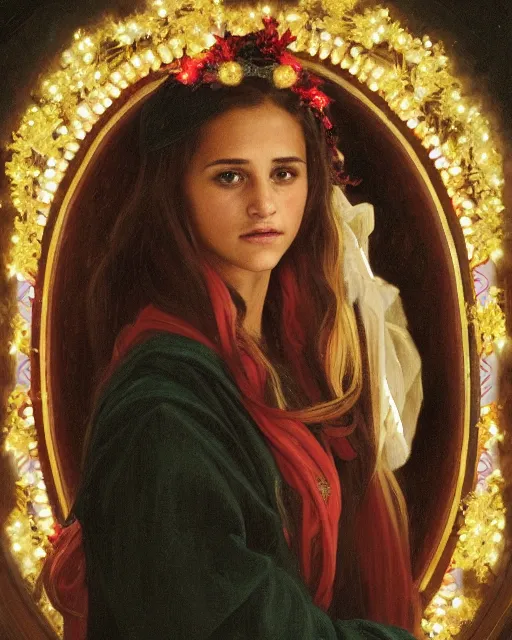 Image similar to a shadowy portrait painting of a shy 1 6 - year old alicia vikander as santa lucia at christmas wearing a holly wreath as a crown with candles, lit only by candlelight in the darkness, intricate, elegant, highly detailed, artstation, concept art, by krenz cushart and donato giancola and william adolph bouguereau and alphonse mucha