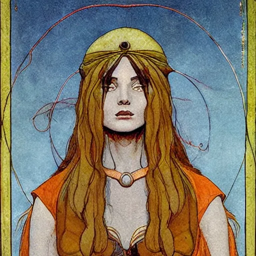 Image similar to half - length portrait of beautiful witch circe in the odyssey, art by moebius, giotto, leonardo da vinci