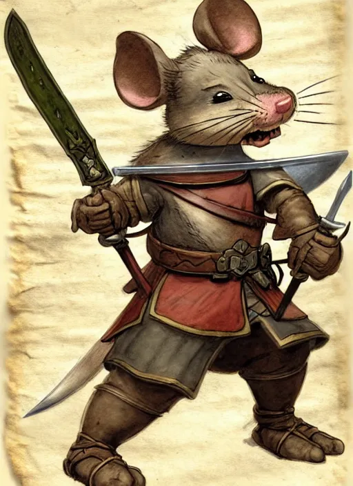 Prompt: a heroic mouse knight with sword and shield on a parchment background, redwall, greg rutowski and jean baptiste monge, detailed, epic fantasy concept art