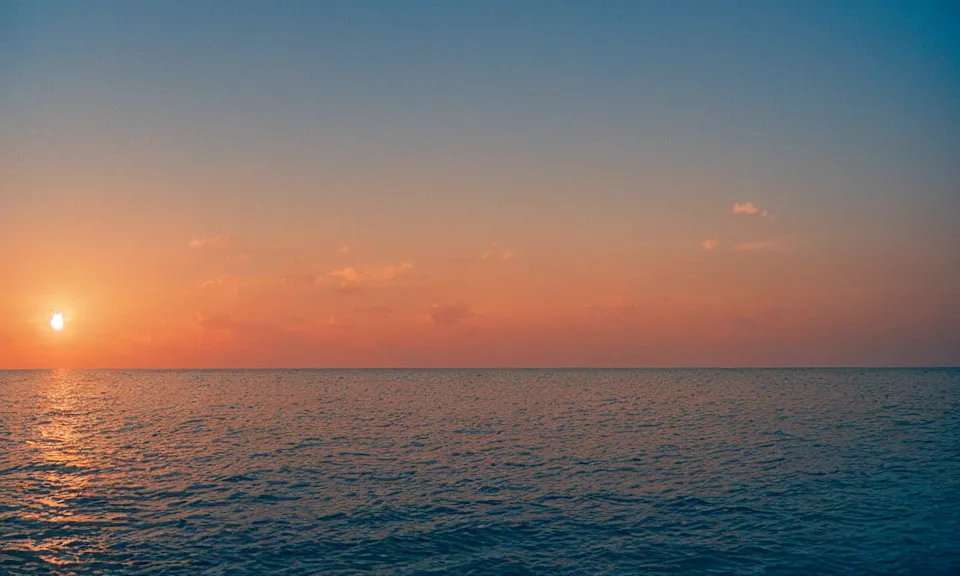 Image similar to 35mm film still, morning light over an island in the maldives, color palette of gold