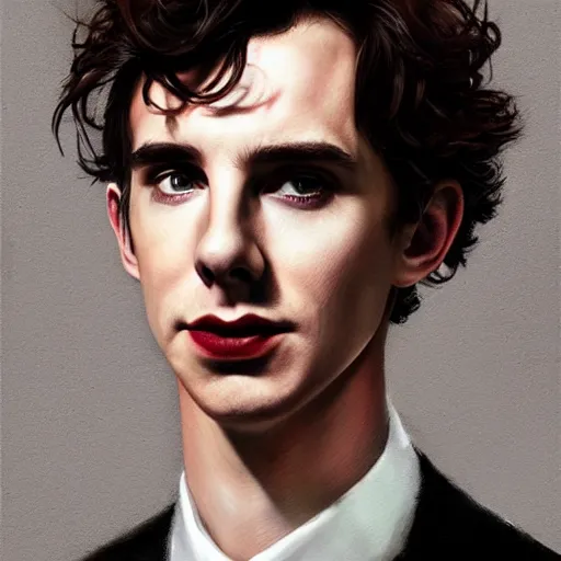 Prompt: portrait of a hybrid of benedict cumberbatch and freddie highmore and timothee chalamet, black shirt with red suspenders, singer in the voice show, photo realistic, highly detailed, perfect face, art by greg rutkowski