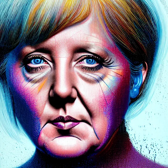 Image similar to bright portrait of Angela Merkel, LSD rain on face and wet hair, diffuse overhead lighting, fantasy, intricate, elegant, dramatic lighting, highly detailed, lifelike, photorealistic, digital painting, artstation, illustration, concept art, smooth, sharp focus, art by John Collier and Albert Aublet and Krenz Cushart and Artem Demura and Alphonse Mucha