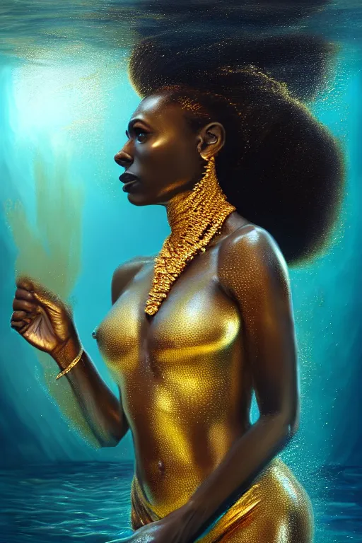 Image similar to hyperrealistic precisionist cinematic half underwater scene very expressive! translucent elegant african goddess full body, gold jewerly, highly detailed face, digital art masterpiece, aykut aydogdu eric zener, dramatic volumetric light, long shot, low angle uhd 8 k, sharp focus