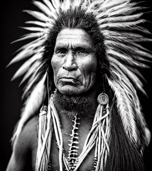 Image similar to Award winning Editorial photo of a Native Iroquois with incredible hair wearing traditional garb by Edward Sherriff Curtis and Lee Jeffries, 85mm ND 5, perfect lighting, gelatin silver process