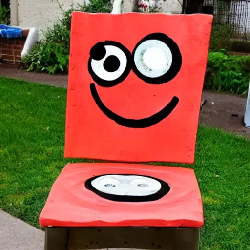 Prompt: chair made out of red bricks with googly eyes, art project