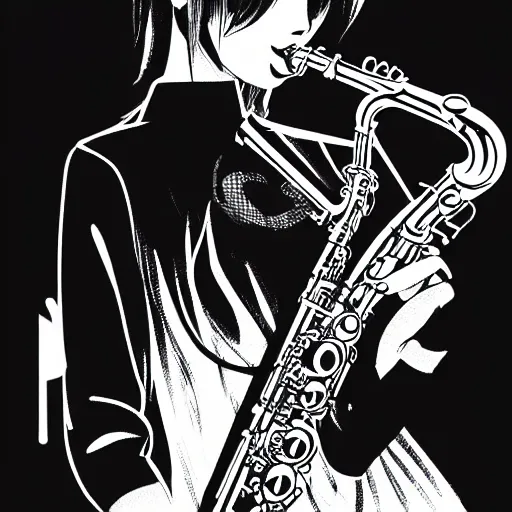 Image similar to an ink drawing of a tech punk girl playing the saxophone by ilya kuvshinov, black and white, white outline, high contrast