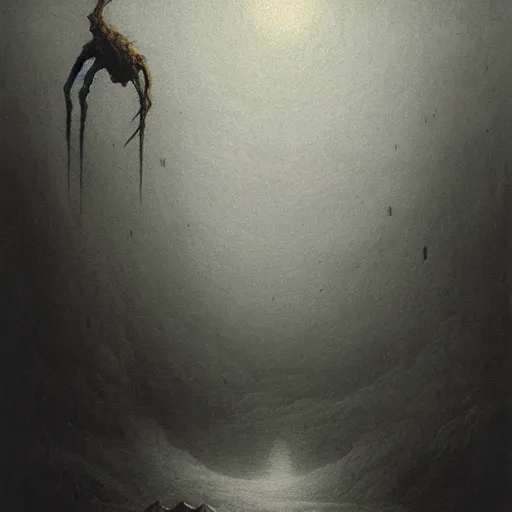 Prompt: dark atmosphere foggy landscape with a strange monster legs like a spider in The back dramatic lighting horror Beksinski