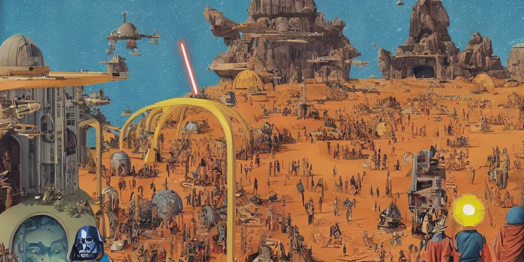 Image similar to a colorful scene from Star Wars, detailed illustration, character design, intricate, by Wes Anderson, hieronymus bosch and Moebius