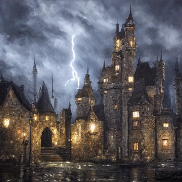 Prompt: high detail, well maintained castle with moody lighting, far away - shot from the front gate courtyard with lightning in the background, oil painting in the style of seb mckinnon