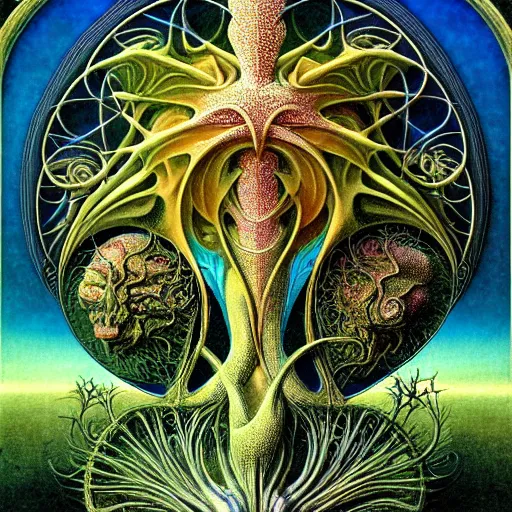 Prompt: divine chaos engine by roger dean and andrew ferez, tree of life, symbolist, visionary, art forms of nature by ernst haeckel, art nouveau botanical fractal structures, surreality, detailed, realistic,