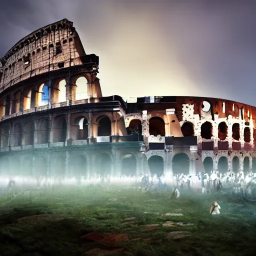 Prompt: a roman colosseum with a huge crowd of gladiators, rain, fog, lightning, volumetric light, blue hour, dusk, blue, teal, octane render, Cornelis Vreedenburgh, highly detailed