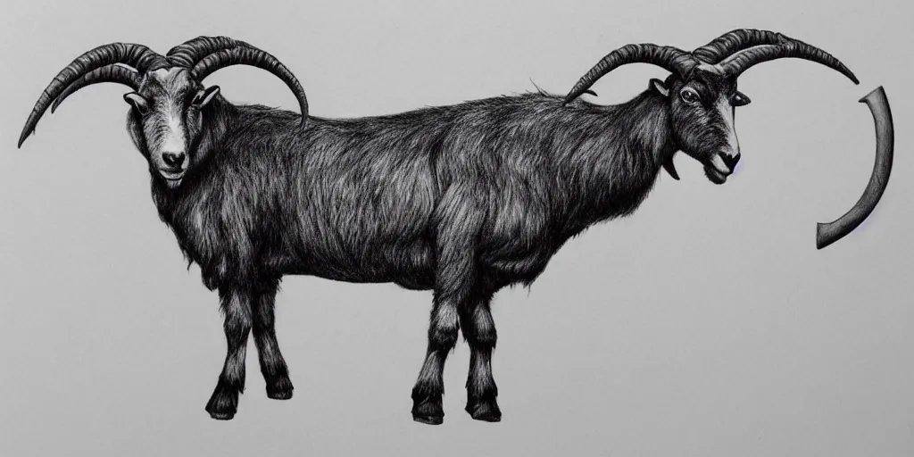 Prompt: full body shot of a large goat with the horns shaped like an axe head, pencil drawing, illustration, black and white, artstation