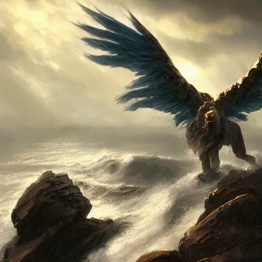 Image similar to A giant lion creature with wings rising up out of a turbulent sea near a rocky shore, body and head of lion, wings of eagle, by Craig Mullins, very detailed, realistic, epic concept art, light, light Rays, cinematic stormy sky, trending on artstation, epic cinematography, epic composition