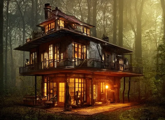 Prompt: house in a clearing in the middle of the forest, beautifully lit, steampunk, retro science fiction vintage art