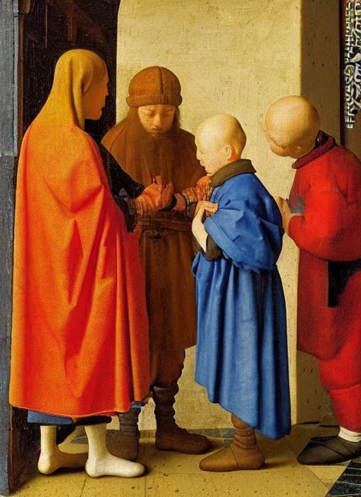 Image similar to Two little brothers meet a young man, medieval painting by Jan van Eyck, Johannes Vermeer, Florence