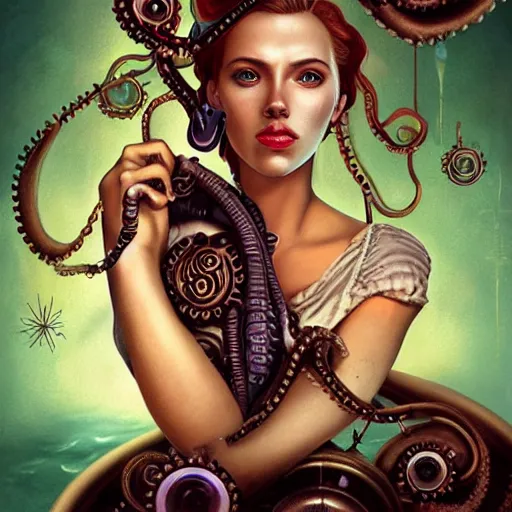 Prompt: lofi underwater bioshock steampunk portrait of scarlett johansson, octopus, Pixar style, by Tristan Eaton Stanley Artgerm and Tom Bagshaw.