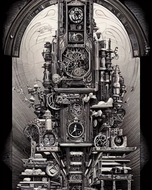 Image similar to a majestic steampunk alchemists bookshelf, two point perspective, furniture, high details, bold line art, by vincent di fate and joe fenton, inking, etching, screen print, masterpiece, trending on artstation, sharp, high contrast, hyper - detailed,, hd, 4 k, 8 k