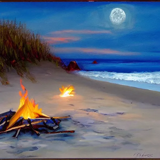 Image similar to Campfire on the beach, Moonlit ocean, Secluded beach, Painting