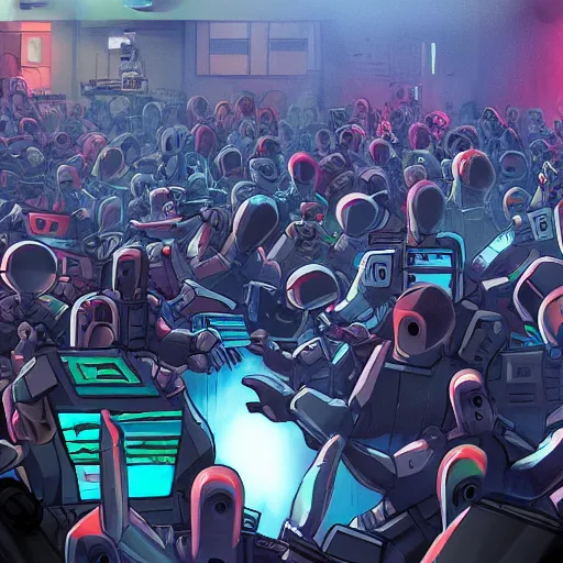 Prompt: a moshpit full of cyberpunk robots