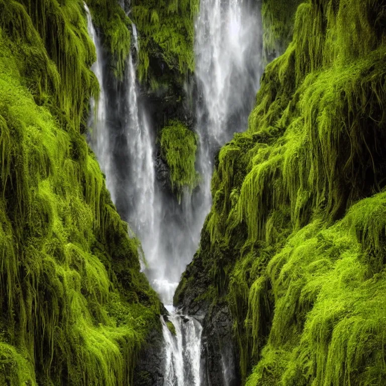 Prompt: dark and moody 1 9 8 0's artistic color spaghetti western film, a giant tall huge woman in an extremely long dress made out of waterfalls, standing inside a green mossy irish rocky scenic landscape, huge waterfall, volumetric lighting, backlit, atmospheric, fog, extremely windy, soft focus