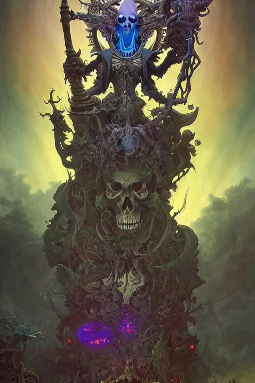 Image similar to evil gigantic skull lord of death, fantasy painting, ultra realistic, wide angle, art nouveau, intricate details, rainbowshift, vivid colors, highly detailed by peter mohrbacher, maxfield parrish, aaron horkey, gaston bussiere, craig mullins