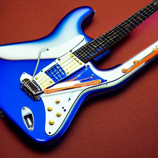 Prompt: realistic detailed award winning product photo of a futuristic shiny orange and blue fender stratocaster reimagined as optimus prime, 3 5 mm lens, studio shot, white soft light from front, sharp, full shot, reflective floor, background is blue and copper digital circuits - c 1 3 - w 7 6 8 - h 7 6 8 - n 8 - s 1 5 0