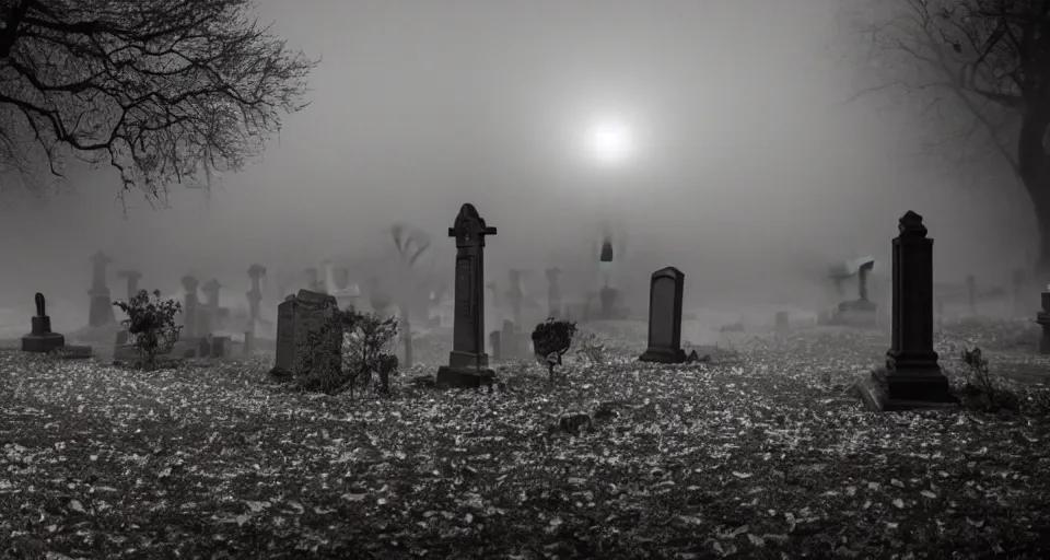 Image similar to Cinematic still of creepy cemetery by the river thames at night, thick mist fills the ground, directed by Wes Craven