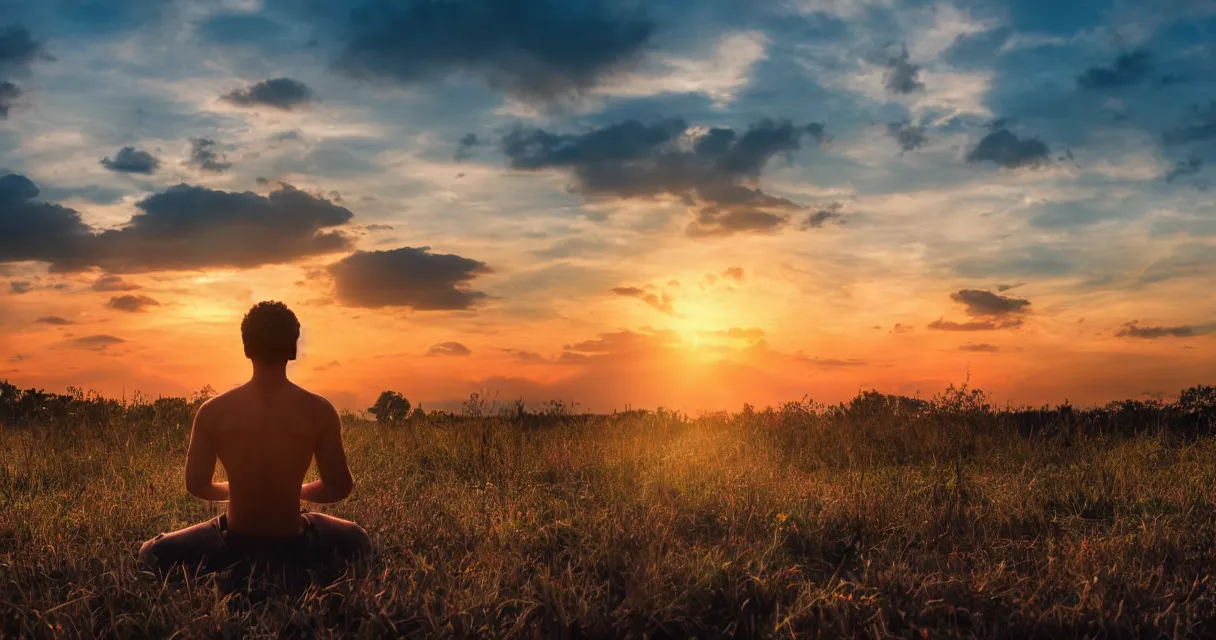 Image similar to wide range backlit photo of a man meditating, at a beautiful sunset, highly detailed, colorful,