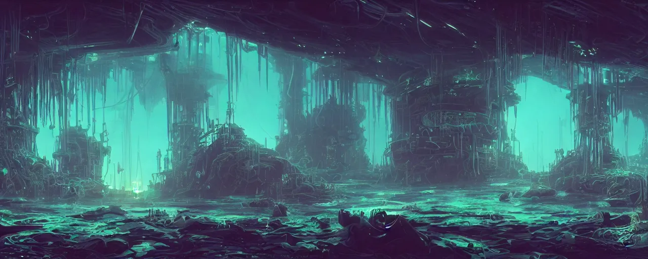 Prompt: ” dark underwater otherwordly terminal lit by bioluminescense, [ deepsea, cinematic, detailed, epic, widescreen, opening, establishing, mattepainting, photorealistic, realistic textures, octane render, art by slop and paul lehr ] ”