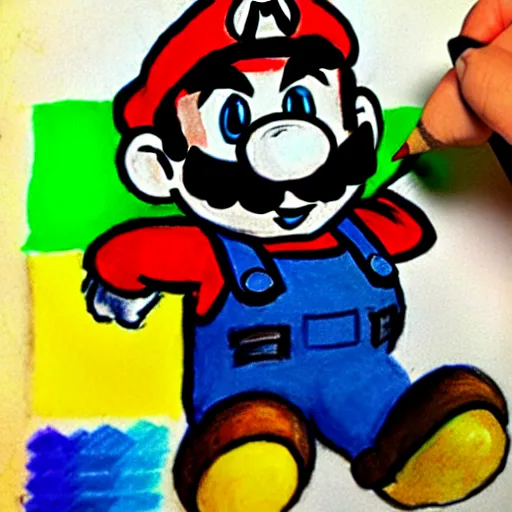 Image similar to child's drawing on mario from super mario brothers, crayon