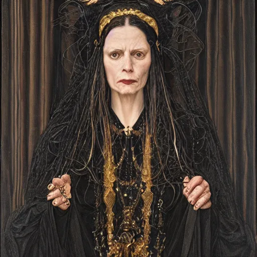 Prompt: portrait of a witch, dressed in black clothes embroidered with gold, by donato giancola and berthold woltze.