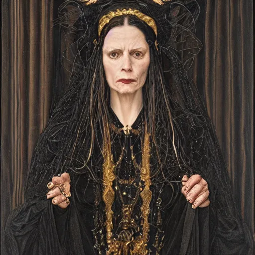 Image similar to portrait of a witch, dressed in black clothes embroidered with gold, by donato giancola and berthold woltze.