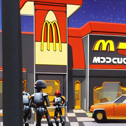 Image similar to intricately detailed ralph mcquarrie concept art of a futuristic mcdonalds with the golden arches displayed. a space station is seen off in the distance with various droids and people walking in the foreground. a trooper is seen holding a brown mcdonalds bag.