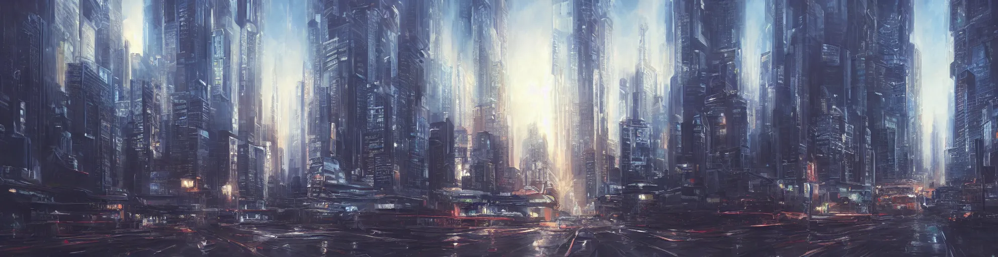 Prompt: futuristic cityscape, cinematic lighting, detailed oil painting, hyperrealistic, 8k
