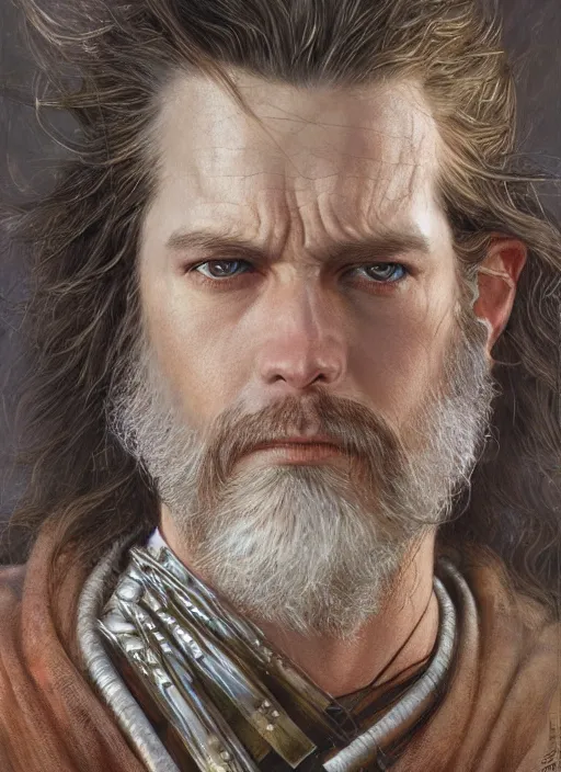 Image similar to a hyperrealistic and detailed paintbrush portrait of a male fantasy character, art by donato giancola and bayard wu and gustav moreau and wayne barlowe, rpg portrait, lotr