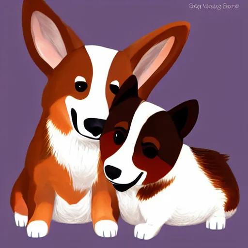 Image similar to a corgi comforting another sad corgi, digital art, artstation