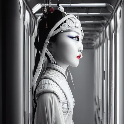 Prompt: closeup photo of beautiful realistic Chinese ancient princess standing in the corridor in the space ship, attractive symmetrical face, big eyes and lips, subtle makeup, clean face and body skin,ecstatic face expression, ornamental jewelry and ancient translucent clothes, futuristic space ship interrior, wires with lights,depth of field, lens flare, moody lighting, moody photography, old photo, black and white, sepia, cinematic lighting, cinematic angle, editorial photography