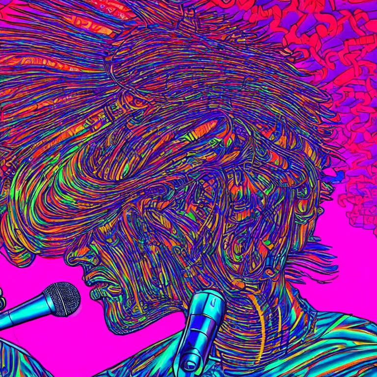 Image similar to rapping on stage at festival, holding microphone, giant crowd, epic pose, profile view, psychedelic hip hop, surreal, neon, vaporwave, detailed, illustrated by Alex Grey, 4k
