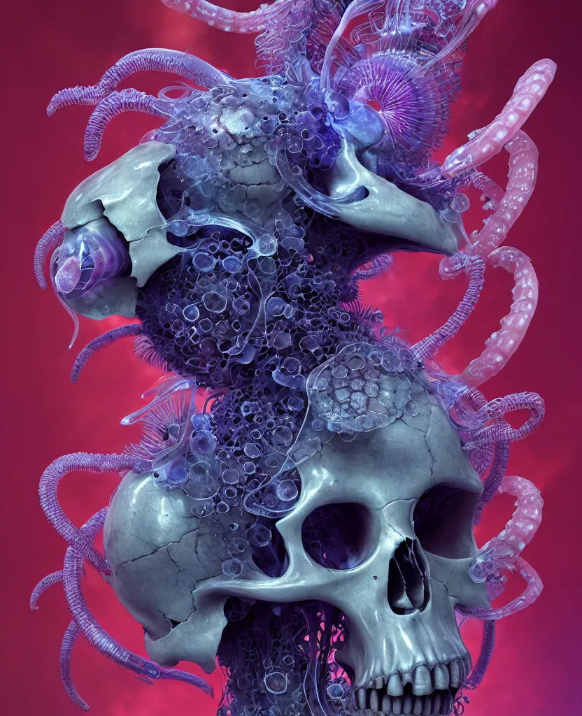 Image similar to goddess close-up portrait ram skull, thorax, x-ray, backbone, jellyfish phoenix head, nautilus, orchid, skull, betta fish, bioluminiscent creatures, intricate artwork by Tooth Wu and wlop and beeple. octane render, trending on artstation, greg rutkowski very coherent symmetrical artwork. cinematic, hyper realism, high detail, octane render, 8k