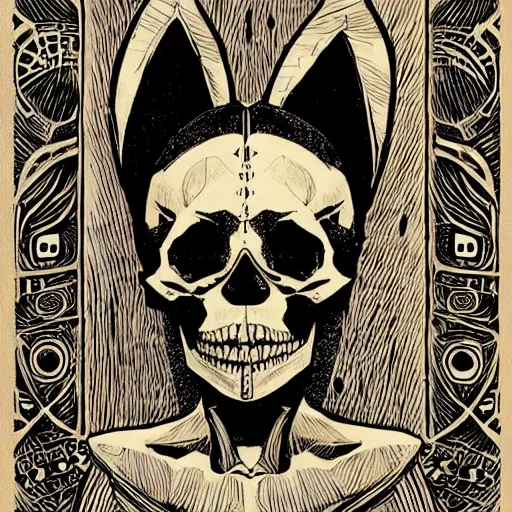 Image similar to Woodcut portrait of a beautiful cute skull with robot ears by falling into the stars greg rutkowski, 4k, intricate details