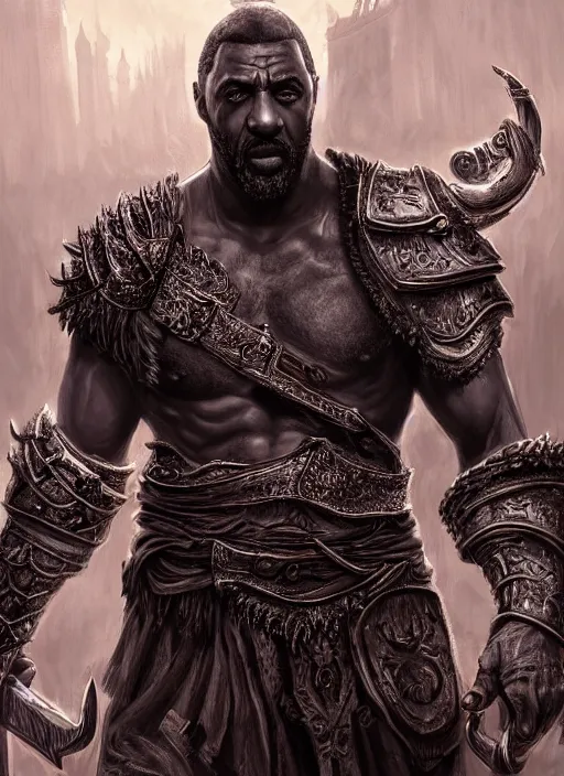 Image similar to a highly detailed illustration of idris elba as god of war kratos, dramatic smiling wielding bloody cross pose, gothic church background, intricate, elegant, highly detailed, centered, digital painting, artstation, concept art, smooth, sharp focus, league of legends concept art, wlop