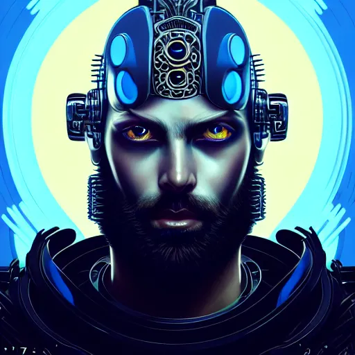 Image similar to bearded man with extremely large and intricate eye cyberpunk bionics with angry blue eyes and slim features looking askance, eye cyberpunk bionics, retro futurist style, intricate, elegant gleaming intricate baroque jewelry, angelic halo, highly detailed, digital painting, artstation, concept art, smooth, sharp focus, illustration, art by wlop, mars ravelo and greg rutkowski,