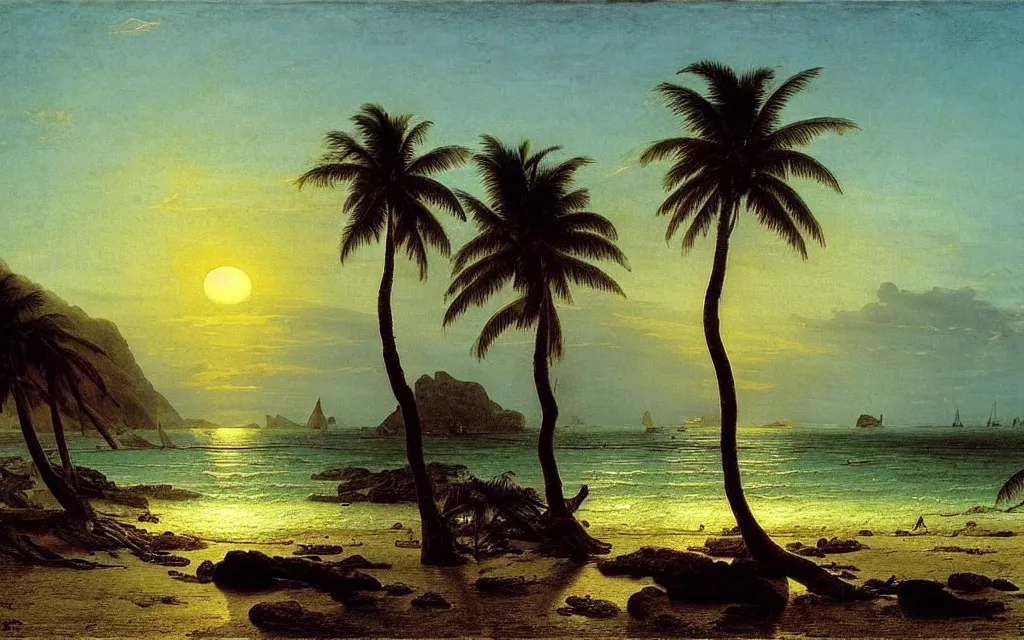 Image similar to a beautiful view of a tropical beach, clear seas, the sun is setting in the background, magical, stunning, art by caspar david friedrich and asher brown durand and peder balke, intricate details, trending on artstationhq