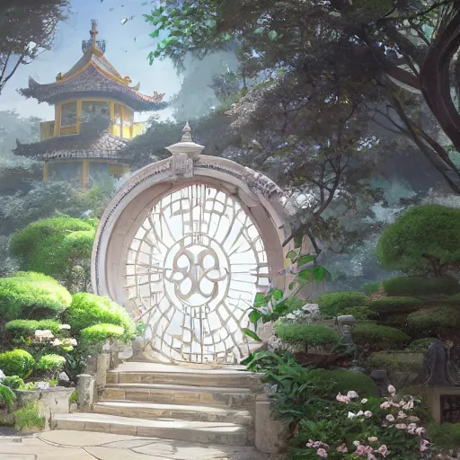 Prompt: circular gate in a white wall, leading to a garden. chinese architecture. fantasy. detailed. smooth. sharp focus. trending on arstation. cgsociety masterpiece, by rossdraws, ghibli, kimi no na wa, greg rutkowski, simon stalberg, greg manchess