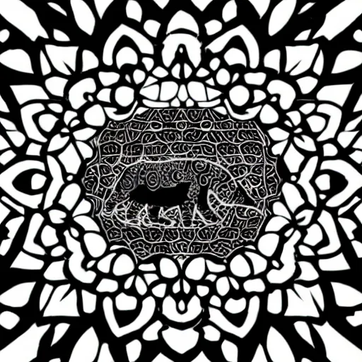 Image similar to detailed, black and white, a bear surrounded by lotus flowers and geometry