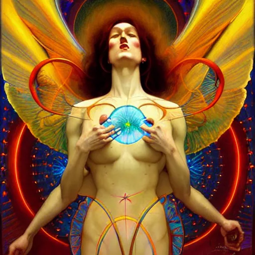 Image similar to psychedelic angelic celestial being artwork of esao andrews frank xavier leyendecker, energy body, sacred geometry, esoteric art, divinity detailed, saturated colors,