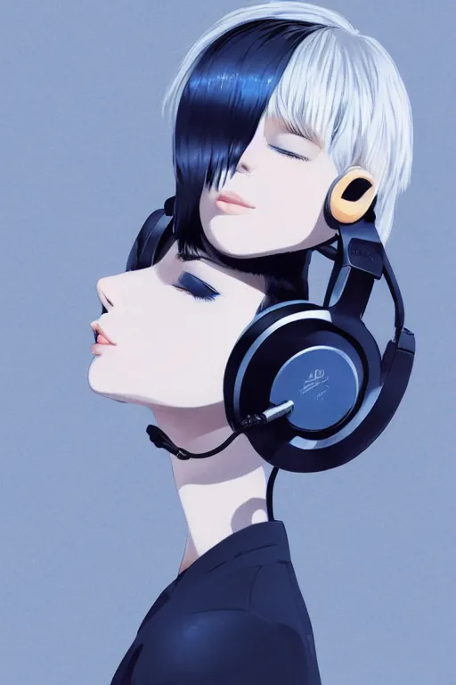 Image similar to a cute young woman listening to music with her eyes closed and wearing headphones by Ilya Kuvshinov, white bob cut hair, freckles, dark thunderclouds in the backround, blue filter, blue and white, vivid colors, soft lighting, cinematic, moody, nier automata, poster, oil on canvas, 8k